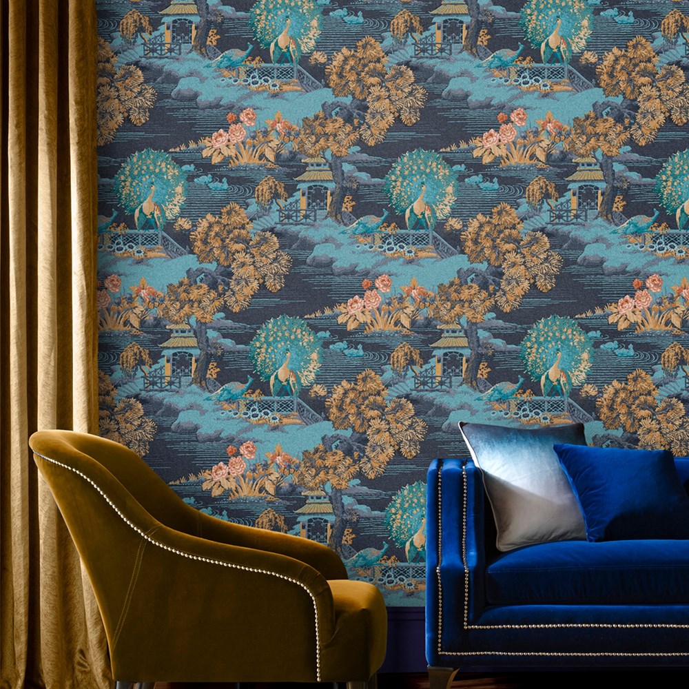 Edo Toile Wallpaper 107882 by Graham & Brown in Navy Blue